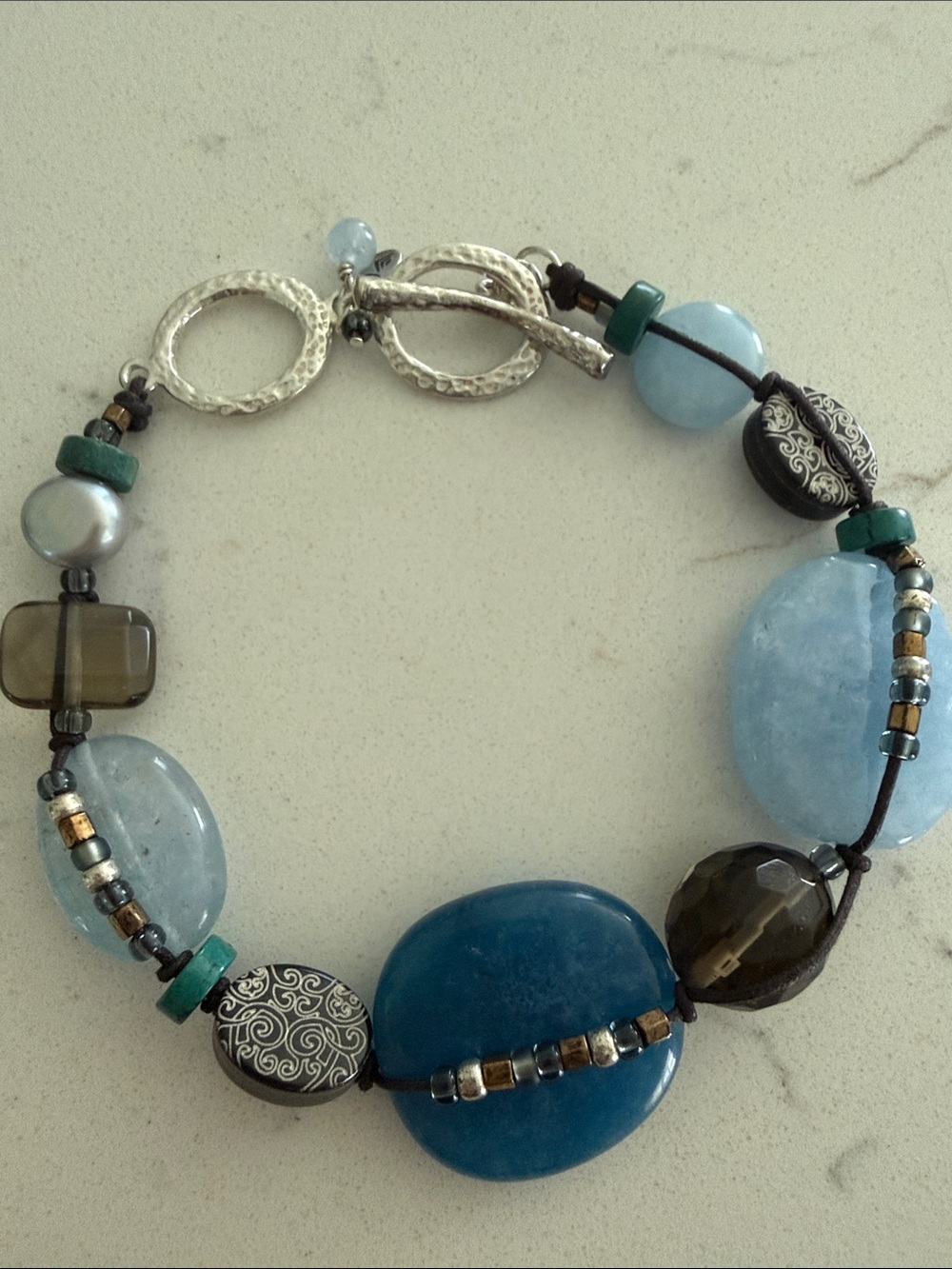 Sterling Silver, Etched Shell, Pearl, Quartz, Magnesite and Glass Bracelet B2240 - Picture 7 of 10